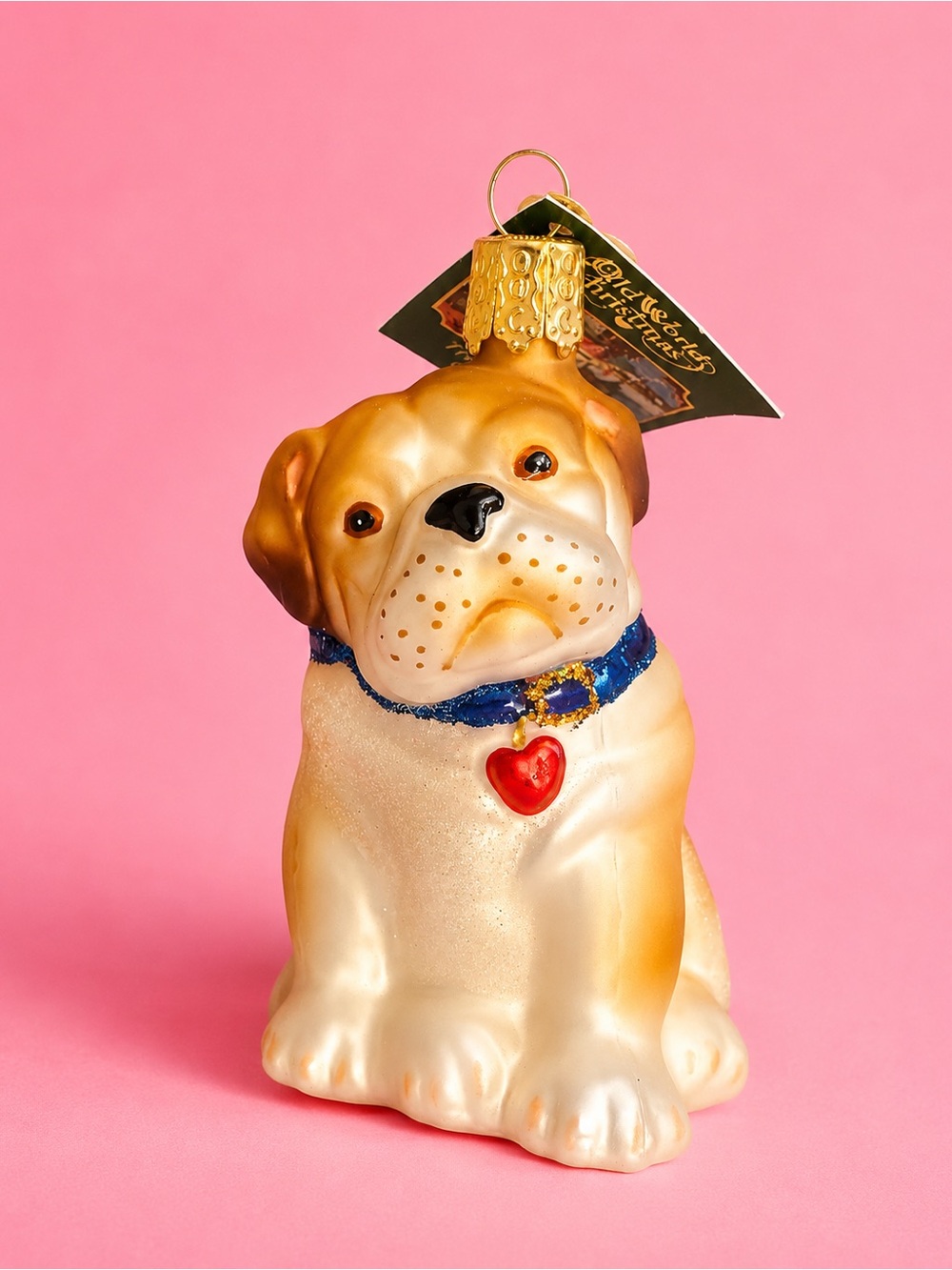 Glass Puppy Dog Ornament with Blue Collar and Red Heart Charm